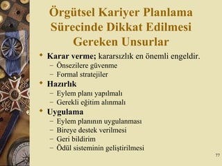 Örgütsel Kariyer Planlama
Sürecinde Dikkat Edilmesi
Gereken Unsurlar
 Karar verme; kararsızlık en önemli engeldir.
– Önsezilere güvenme
– Formal stratejiler
 Hazırlık
– Eylem planı yapılmalı
– Gerekli eğitim alınmalı
 Uygulama
– Eylem planının uygulanması
– Bireye destek verilmesi
– Geri bildirim
– Ödül sisteminin geliştirilmesi
77
 