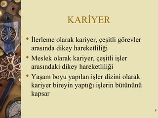 KARİYER
 İlerleme olarak kariyer, çeşitli görevler
arasında dikey hareketliliği
 Meslek olarak kariyer, çeşitli işler
arasındaki dikey hareketliliği
 Yaşam boyu yapılan işler dizini olarak
kariyer bireyin yaptığı işlerin bütününü
kapsar
8
 