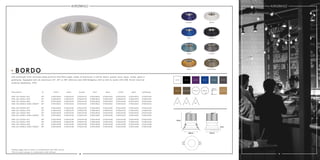 18 19
90mm 86mm
98mm
30° 38°
white black
LED downlight with recessed lamp position and 9mm edge, made of aluminum in white, black, purple, blue, aqua, nickel, gold or
gold/grey. Equipped with an aluminum 24°, 30° or 38° reflector and 14W Bridgelux LED or dim to warm LED 13W. Driver must be
ordered separately. IP43.
5 years
warranty
24°
Ø90mm
98mm
9mm
Ø75mm
purple blue aqua nickel
gold gold/grey
BORDO gold/greygold
nickel
blue
purple
aqua
black
white
14W LED 1055lm 927
14W LED 1095lm 930
14W LED 1392lm 840
13W LED 1000lm 2000-3000K*
270A14024
270B14024
270D14024
270E13024
270A14124
270B14124
270D14124
270E13124
270A14724
270B14724
270D14724
270E13724
270A14624
270B14624
270D14624
270E13624
270A14524
270B14524
270D14524
270E13524
270A14224
270B14224
270D14224
270E13224
270A14424
270B14424
270D14424
270E13424
270A14324
270B14324
270D14324
270E13324
24°
24°
24°
24°
14W LED 1055lm 927
14W LED 1095lm 930
14W LED 1392lm 840
13W LED 1000lm 2000-3000K*
270A14030
270B14030
270D14030
270E13030
270A14130
270B14130
270D14130
270E13130
270A14730
270B14730
270D14730
270E13730
270A14630
270B14630
270D14630
270E13630
270A14530
270B14530
270D14530
270E13530
270A14230
270B14230
270D14230
270E13230
270A14430
270B14430
270D14430
270E13430
270A14330
270B14330
270D14330
270E13330
30°
30°
30°
30°
14W LED 1055lm 927
14W LED 1095lm 930
14W LED 1392lm 840
13W LED 1000lm 2000-3000K*
270A14038
270B14038
270D14038
270E13038
270A14138
270B14138
270D14138
270E13138
270A14738
270B14738
270D14738
270E13738
270A14638
270B14638
270D14638
270E13638
270A14538
270B14538
270D14538
270E13538
270A14238
270B14238
270D14238
270E13238
270A14438
270B14438
270D14438
270E13438
270A14338
270B14338
270D14338
270E13338
38°
38°
38°
38°
Description white black purple blue aqua nickel gold gold/grey
*Always apply dim to warm in combination with DALI driver.
*Dim to warm always in combination with diffuser.
 