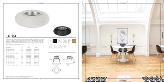 20 21
9W LED 676lm 927
9W LED 703lm 930
9W LED 880lm 840
6W LED 600lm 2000-2800K*
240A09024
240B09024
240D09024
240E06024
Description white black
24°
24°
24°
24°
240A09124
240B09124
240D09124
240E06124
9W LED 676lm 927
9W LED 703lm 930
9W LED 880lm 840
6W LED 600lm 2000-2800K*
240A09030
240B09030
240D09030
240E06030
30°
30°
30°
30°
240A09130
240B09130
240D09130
240E06130
9W LED 676lm 927
9W LED 703lm 930
9W LED 880lm 840
6W LED 600lm 2000-2800K*
240A09038
240B09038
240D09038
240E06038
38°
38°
38°
38°
240A09138
240B09138
240D09138
240E06138
85mm 75mm
80mm
24° 30° 38°
white black
LED downlight with recessed lamp position, made of aluminum in white
or black. Equipped with an aluminum 24°, 30° or 38° reflector and 9W
Bridgelux LED or dim to warm LED 6W. Spot is tiltable up to 15°. Driver
must be ordered separately. IP43.
15°
Ø85mm
80mm
Ø56mm
3mm
15º
79mm
5 years
warranty
CIRA
*Always apply dim to warm in combination with DALI driver.
*Dim to warm always in combination with diffuser.
 