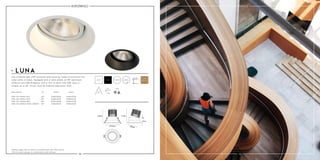 24 25
Ø115mm
105mm
16º
111mm
3mm
Ø79mm
IP5416°
14W LED 1055lm 927
14W LED 1095lm 930
14W LED 1392lm 840
13W LED 1000lm 2000-3000K*
250A14036
250B14036
250D14036
250E13036
250A14136
250B14136
250D14136
250E13136
36°
36°
36°
36°
115mm 105mm
111mm
36°
LED recessed spot with recessed lamp housing, made of aluminum the
color white or black. Equipped with a clear shield, an 36° aluminum
reflector and 14W Bridgelux LED or dim to warm LED 13W. Spot is
tiltable up to 16°. Driver must be ordered separately. IP54.
LUNA
*Always apply dim to warm in combination with DALI driver.
*Dim to warm always in combination with diffuser.
Description white black
white black
5 years
warranty
 