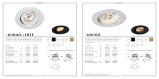 38 39
36°36°
9W LED 676lm 927
9W LED 703lm 930
9W LED 880lm 840
6W LED 600lm 2000-2800K*
9W LED 676lm 927
9W LED 703lm 930
9W LED 880lm 840
6W LED 600lm 2000-2800K*
180A09024
180B09024
180D09024
180E06024
190A09022
190B09022
190D09022
190E06022
24°
24°
24°
24°
22°
22°
22°
22°
180A09124
180B09124
180D09124
180E06124
190A09122
190B09122
190D09122
190E06122
9W LED 676lm 927
9W LED 703lm 930
9W LED 880lm 840
6W LED 600lm 2000-2800K*
9W LED 676lm 927
9W LED 703lm 930
9W LED 880lm 840
6W LED 600lm 2000-2800K*
180A09036
180B09036
180D09036
180E06036
190A09036
190B09036
190D09036
190E06036
36°
36°
36°
36°
36°
36°
36°
36°
180A09136
180B09136
180D09136
180E06136
190A09136
190B09136
190D09136
190E06136
9W LED 676lm 927
9W LED 703lm 930
9W LED 880lm 840
6W LED 600lm 2000-2800K*
9W LED 676lm 927
9W LED 703lm 930
9W LED 880lm 840
6W LED 600lm 2000-2800K*
180A09044
180B09044
180D09044
180E06044
190A09060
190B09060
190D09060
190E06060
44°
44°
44°
44°
60°
60°
60°
60°
180A09144
180B09144
180D09144
180E06144
190A09160
190B09160
190D09160
190E06160
89mm89mm 80mm80mm
64mm64mm
24°22° 36°36° 44°60°
LED downlight made of aluminum in white or black. Equipped with an
24°, 36° or 44° aluminum reflector and 9W Bridgelux LED or dim to
warm LED 6W. Spot is tiltable up to 36°. Driver must be ordered
separately. IP43.
LED downlight made of aluminum in white or black. Equipped with an
optical lens 22°, 36° or 60° and 9W Bridgelux LED or dim to warm LED
6W. Spot is tiltable up to 36°. Driver must be ordered separately. IP43.
64mm
Ø58mm
36º
4mm
63mm
Ø89mm
64mm
Ø58mm
36º
4mm
63mm
Ø89mm
MINIMO LENTE MINIMO
*Always apply dim to warm in combination with DALI driver.
Description white black
white black
5 years
warranty
Description white black
white black
5 years
warranty
*Always apply dim to warm in combination with DALI driver.
*Dim to warm always in combination with diffuser.
 
