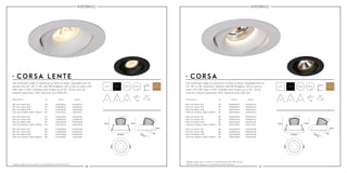 40 41
9W LED 676lm 927
9W LED 703lm 930
9W LED 880lm 840
13W LED 1000lm 2000-3000K*
9W LED 676lm 927
9W LED 703lm 930
9W LED 880lm 840
13W LED 1000lm 2000-3000K*
100A09024
100B09024
100D09024
100E13024
110A09022
110B09022
110D09022
110E13022
3mm
Ø74mm
30º
77mm
Ø110mm
77mm
3mm
Ø74mm
30º
77mm
Ø110mm
77mm
110mm110mm 100mm100mm
77mm77mm
30°30°
24°
24°
24°
24°
22°
22°
22°
22°
100A09124
100B09124
100D09124
100E13124
110A09122
110B09122
110D09122
110E13122
9W LED 676lm 927
9W LED 703lm 930
9W LED 880lm 840
13W LED 1000lm 2000-3000K*
9W LED 676lm 927
9W LED 703lm 930
9W LED 880lm 840
13W LED 1000lm 2000-3000K*
100A09030
100B09030
100D09030
100E13030
110A09036
110B09036
110D09036
110E13036
30°
30°
30°
30°
36°
36°
36°
36°
100A09130
100B09130
100D09130
100E13130
110A09136
110B09136
110D09136
110E13136
9W LED 676lm 927
9W LED 703lm 930
9W LED 880lm 840
13W LED 1000lm 2000-3000K*
9W LED 676lm 927
9W LED 703lm 930
9W LED 880lm 840
13W LED 1000lm 2000-3000K*
100A09038
100B09038
100D09038
100E13038
110A09060
110B09060
110D09060
110E13060
38°
38°
38°
38°
60°
60°
60°
60°
100A09138
100B09138
100D09138
100E13138
110A09160
110B09160
110D09160
110E13160
24°22° 30°36° 38°60°
LED downlight made of aluminum in white or black. Equipped with an
24°, 30° or 38° aluminum reflector and 9W Bridgelux LED or dim to
warm LED 13W. Spot is 350° rotatable and tiltable up to 30°. Driver
must be ordered separately. IP43. Optional with 14W LED.
LED downlight made of aluminum in white or black. Equipped with an
optical lens 22°, 36° or 60° and 9W Bridgelux LED or dim to warm LED
13W. Spot is 350° rotatable and tiltable up to 30°. Driver must be
ordered separately. IP43. Optional with 14W LED.
350°350°
CORSA LENTE CORSA
*Always apply dim to warm in combination with DALI driver.
Description white black
white black
5 years
warranty
Description white black
white black
5 years
warranty
*Always apply dim to warm in combination with DALI driver.
*Dim to warm always in combination with diffuser.
 