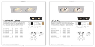 44 45
18W LED 1352lm 927
18W LED 1406lm 930
18W LED 1760lm 840
26W LED 2000lm 2000-3000K*
18W LED 1352lm 927
18W LED 1406lm 930
18W LED 1760lm 840
26W LED 2000lm 2000-3000K*
140A18024
140B18024
140D18024
140E26024
150A18022
150B18022
150D18022
150E26022
4mm
Ø74mm
30º
220x110mm
77mm 78mm
4mm
Ø74mm
30º
220x110mm
77mm 78mm
78mm78mm
30°30°
24°
24°
24°
24°
22°
22°
22°
22°
140A18124
140B18124
140D18124
140E26124
150A18122
150B18122
150D18122
150E26122
18W LED 1352lm 927
18W LED 1406lm 930
18W LED 1760lm 840
26W LED 2000lm 2000-3000K*
18W LED 1352lm 927
18W LED 1406lm 930
18W LED 1760lm 840
26W LED 2000lm 2000-3000K*
140A18030
140B18030
140D18030
140E26030
150A18036
150B18036
150D18036
150E26036
30°
30°
30°
30°
36°
36°
36°
36°
140A18130
140B18130
140D18130
140E26130
150A18136
150B18136
150D18136
150E26136
18W LED 1352lm 927
18W LED 1406lm 930
18W LED 1760lm 840
26W LED 2000lm 2000-3000K*
18W LED 1352lm 927
18W LED 1406lm 930
18W LED 1760lm 840
26W LED 2000lm 2000-3000K*
140A18038
140B18038
140D18038
140E26038
150A18060
150B18060
150D18060
150E26060
38°
38°
38°
38°
60°
60°
60°
60°
140A18138
140B18138
140D18138
140E26138
150A18160
150B18160
150D18160
150E26160
24°22° 30°36° 38°60°
LED recessed luminaire made of aluminum in the color white or black.
Equipped with two 24°, 30° or 38° aluminum reflectors and 2x 9W Bridgelux
LED or 2x dim to warm LED 13W. Spots are 350° rotatable and tiltable up
to 30°. Driver must be ordered separately. IP43. Optional with 28W LED.
LED recessed luminaire made of aluminum in the color white or black.
Features 2x optical lens 22°, 36° or 60° and 2x 9W Bridgelux LED or 2x
dim to warm LED 13W. Spots are 350° rotatable and tiltable up to 30°.
Driver must be ordered separately. IP43. Optional with 28W LED.
350°350°
220mm
X
110mm
220mm
X
110mm
210mm
X
100mm
210mm
X
100mm
DOPPIO LENTE DOPPIO
*Always apply dim to warm in combination with DALI driver.
Description white black
white black
5 years
warranty
Description white black
white black
5 years
warranty
*Always apply dim to warm in combination with DALI driver.
*Dim to warm always in combination with diffuser.
 