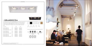 52 53
30° 350°
345mm
X
115mm
365mm
X
135mm
42W LED 3165lm 927
42W LED 3285lm 930
42W LED 4176lm 840
39W LED 3000lm 2000-3000K*
400A42024
400B42024
400D42024
400E39024
24°
24°
24°
24°
400A42124
400B42124
400D42124
400E39124
42W LED 3165lm 927
42W LED 3285lm 930
42W LED 4176lm 840
39W LED 3000lm 2000-3000K*
400A42030
400B42030
400D42030
400E39030
30°
30°
30°
30°
400A42130
400B42130
400D42130
400E39130
42W LED 3165lm 927
42W LED 3285lm 930
42W LED 4176lm 840
39W LED 3000lm 2000-3000K*
400A42038
400B42038
400D42038
400E39038
38°
38°
38°
38°
400A42138
400B42138
400D42138
400E39138
113mm
24° 30° 38°
LED recessed luminaire with recessed lamp position, made of aluminum in
the color white or black. Equipped with three 24°, 30° or 38° aluminum
reflectors and 3x 14W Bridgelux LED or 3x dim to warm LED 13W. Spots
are 30° tiltable and 350° rotatable. Driver must be ordered separately.
IP43.
113mm
365x135mm
108mm
Ø78mm
3mm
30º
GRANDEZZA
Description white black
white black
*Always apply dim to warm in combination with DALI driver.
*Dim to warm always in combination with diffuser.
5 years
warranty
 