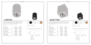 54 55
80mm
X
80mm
103mm 103mm20° 20°
6W LED 503lm 927
6W LED 523lm 930
6W LED 642lm 840
6W LED 600lm 2000-2800K*
6W LED 503lm 927
6W LED 523lm 930
6W LED 642lm 840
6W LED 600lm 2000-2800K*
300A06024
300B06024
300D06024
300E06024
310A06024
310B06024
310D06024
310E06024
Description white black
24°
24°
24°
24°
24°
24°
24°
24°
300A06124
300B06124
300D06124
300E06124
310A06124
310B06124
310D06124
310E06124
6W LED 503lm 927
6W LED 523lm 930
6W LED 642lm 840
6W LED 600lm 2000-2800K*
6W LED 503lm 927
6W LED 523lm 930
6W LED 642lm 840
6W LED 600lm 2000-2800K*
300A06030
300B06030
300D06030
300E06030
310A06030
310B06030
310D06030
310E06030
30°
30°
30°
30°
30°
30°
30°
30°
300A06130
300B06130
300D06130
300E06130
310A06130
310B06130
310D06130
310E06130
6W LED 503lm 927
6W LED 523lm 930
6W LED 642lm 840
6W LED 600lm 2000-2800K*
6W LED 503lm 927
6W LED 523lm 930
6W LED 642lm 840
6W LED 600lm 2000-2800K*
300A06038
300B06038
300D06038
300E06038
310A06038
310B06038
310D06038
310E06038
38°
38°
38°
38°
38°
38°
38°
38°
300A06138
300B06138
300D06138
300E06138
310A06138
310B06138
310D06138
310E06138
80mm
24° 24°30° 30°38° 38°
white black
LED surface mounted tiltable spot made of aluminum in the color
white or black. Tilting angle 20°, aluminum reflector with a beam
angle of 24°, 30° or 38° reflector and 6W Bridgelux LED or dim
to warm LED 6W. Includes built-in driver. IP20.
LED surface mounted spot made of aluminum in the color white or
black. Equipped with a 20° tiltable spot, an 24°, 30° or 38° aluminum
reflector and 6W Bridgelux LED or dim to warm LED 6W. Includes
built-in driver. IP20.
5 years
warranty
Ø80mm
103mm
Ø55mm
max. 20º
80x80mm
103mm
Ø55mm
max. 20º
ADRINA QUATTRO
Description white black
white black
5 years
warranty
 