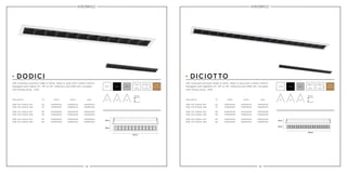 12 13
337mm
X
48mm
496mm
X
48mm
329mm
X
40mm
488mm
X
40mm
337mm
48mm
49mm
496mm
48mm
49mm
15° 15°30° 30°45° 45°
DODICI DICIOTTO
49mm 49mm
LED recessed luminaire made in white, black or grey with a black interior.
Equipped with twelve 15°, 30° or 45° reflectors and 20W LED. Included
with Philips driver. IP20.
LED recessed luminaire made in white, black or grey with a black interior.
Equipped with eighteen 15°, 30° or 45° reflectors and 30W LED. Included
with Philips driver. IP20.
20W LED 1420lm 927
20W LED 1500lm 930
30W LED 2200lm 927
30W LED 2300lm 930
530A20015
530B20015
540A30015
540B30015
15°
15°
15°
15°
530A20115
530B20115
540A30115
540B30115
530A20215
530B20215
540A30215
540B30215
20W LED 1420lm 927
20W LED 1500lm 930
30W LED 2200lm 927
30W LED 2300lm 930
530A20030
530B20030
540A30030
540B30030
30°
30°
30°
30°
530A20130
530B20130
540A30130
540B30130
530A20230
530B20230
540A30230
540B30230
20W LED 1420lm 927
20W LED 1500lm 930
30W LED 2200lm 927
30W LED 2300lm 930
530A20045
530B20045
540A30045
540B30045
45°
45°
45°
45°
530A20145
530B20145
540A30145
540B30145
530A20245
530B20245
540A30245
540B30245
white whiteblack black
3 years
warrantygrey grey
Description Descriptionwhite whiteblack blackgrey grey
3 years
warranty
 