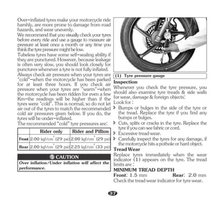 Always check air pressure when your tyres are
"cold"-when the motorcycle has been parked
for at least three hours. If you check air
pressure when your tyres are "warm"-when
the motorcycle has been ridden for even a few
Km-the readings will be higher than if the
tyres were "cold". This is normal, so do not let
airoutofthetyrestomatchtherecommended
cold air pressures given below. If you do, the
tyreswillbeunder-inflated.
Over-inflatedtyresmakeyourmotorcycleride
harshly, are more prone to damage from road
hazards,andwearunevenly.
Werecommendthatyouvisuallycheckyourtyres
before every ride and use a gauge to measure air
pressure at least once a month or any time you
thinkthetyrepressuremightbelow.
Tubeless tyres have some self-sealing ability if
theyarepunctured.However,becauseleakage
is often very slow, you should look closely for
punctureswheneveratyreisnotfullyinflated.
Therecommended“cold”tyrepressuresare:
Front
Rear
2
2.00 kgf/cm (29 psi)
2
2.00 kgf/cm (29 psi)
2
2.00 kgf/cm (29 psi)
2
2.25 kgf/cm (33 psi)
Rider only Rider and Pillion
Over inflation/Under inflation will affect the
performance.
CAUTION
1
(1) Tyre pressure gauge
Lookfor:
MINIMUM TREAD DEPTH
Front: 1.5 mm Rear: 2.0 mm
Checkthetreadwearindicatorfortyrewear.
Inspection
î Cuts, splits or cracks in the tyre. Replace the
tyreifyoucanseefabricorcord.
Whenever you check the tyre pressure, you
should also examine tyre treads & side walls
forwear,damage&foreignobjects:
î Bumps or bulges in the side of the tyre or
the tread. Replace the tyre if you find any
bumpsorbulges.
î Excessivetreadwear.
î Carefully inspect the tyres for any damage, if
themotorcyclehitsapotholeorhardobject.
TreadWear
Replace tyres immediately when the wear
indicator (1) appears on the tyre. The tread
limitsare:
37
 