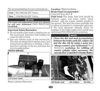 Front
Rear
80/100x18-47P Tubeless
120/80x18-62P Tubeless
Therecommendedtyreforyourmotorcycleare:
NOTE
For repair and replacement of tyre it is advised
to visit your Authorised Hero MotoCorp
workshop.
î Donotinstallatubeinsideatubelesstyreon
this motorcycle. Excessive heat buildup can
causethetubetoburst.
FRONTBRAKE
ImportantSafetyReminders
î Use only tubeless tyres on this motorcycle.
Therimsaredesignedfortubelesstyres,and
during hard acceleration or braking, a tube-
typetyrecouldslipontherimandcausethe
tyretorapidlydeflate.
1
(1) Lower mark
CastrolQStop-DoT4
Fluid level-The brake fluid level should be
between upper and lower marks, when
checked with the master cylinder parallel to
the ground. The level decreases gradually due
to piston movement to compensate pad wear.
If the level decreases abruptly check for
leakages in the brake system and consult your
AuthorisedHero MotoCorp workshop.
Location:Righthandlebar.
BrakeFluidrecommended:
Mastercylinder/Reservoir.
NOTE
î Clean the dirt and mud accumulation
between the brake pads (2), caliper (3)
and the disc (4) by using a water jet.
î Always contact your Authorised Hero
MotoCorp workshop for refilling of
master cylinder when necessary. Do
notmixDoT3andDoT4brakefluids.
3
2
4
(2) Brake pad (3) Caliper (4) Disc
39
 