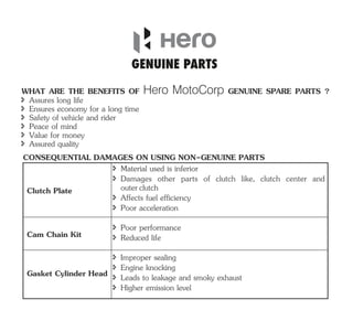 î Safety of vehicle and rider
î Assures long life
î Ensures economy for a long time
î Value for money
î Peace of mind
WHAT ARE THE BENEFITS OF Hero MotoCorp GENUINE SPARE PARTS ?
î Assured quality
CONSEQUENTIAL DAMAGES ON USING NON-GENUINE PARTS
Clutch Plate
î Reduced life
î Higher emission level
î Poor acceleration
î Damages other parts of clutch like, clutch center and
outerclutch
î Affects fuel efficiency
î Poor performance
î Improper sealing
î Engine knocking
î Material used is inferior
î Leads to leakage and smoky exhaust
Cam Chain Kit
Gasket Cylinder Head
 