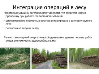 Интеграция операций в лесу
Некоторые машины заготавливают древесину и энергетическую
 древесину при рубках главного пользования
• Штабелирование порубочных остатков интегрировано в заготовку круглого
  леса
• Перевозка на верхний склад


Рынок тонкомерной энергетической древесины делает первые рубки
 ухода экономически целесообразными
 