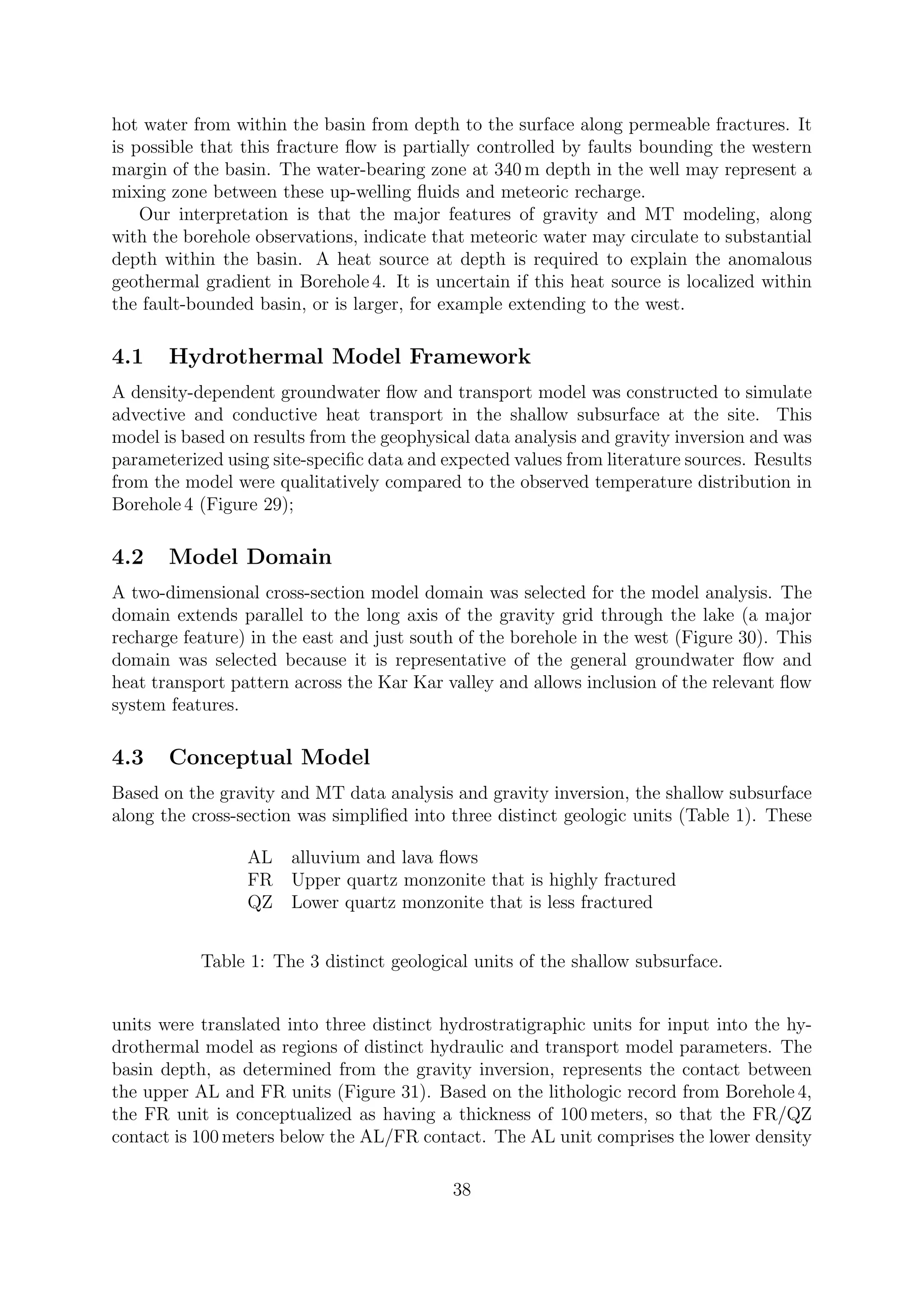 hot water from within the basin from depth to the surface along permeable fractures. It
is possible that this fracture flow is partially controlled by faults bounding the western
margin of the basin. The water-bearing zone at 340 m depth in the well may represent a
mixing zone between these up-welling fluids and meteoric recharge.
Our interpretation is that the major features of gravity and MT modeling, along
with the borehole observations, indicate that meteoric water may circulate to substantial
depth within the basin. A heat source at depth is required to explain the anomalous
geothermal gradient in Borehole 4. It is uncertain if this heat source is localized within
the fault-bounded basin, or is larger, for example extending to the west.
4.1 Hydrothermal Model Framework
A density-dependent groundwater flow and transport model was constructed to simulate
advective and conductive heat transport in the shallow subsurface at the site. This
model is based on results from the geophysical data analysis and gravity inversion and was
parameterized using site-specific data and expected values from literature sources. Results
from the model were qualitatively compared to the observed temperature distribution in
Borehole 4 (Figure 29);
4.2 Model Domain
A two-dimensional cross-section model domain was selected for the model analysis. The
domain extends parallel to the long axis of the gravity grid through the lake (a major
recharge feature) in the east and just south of the borehole in the west (Figure 30). This
domain was selected because it is representative of the general groundwater flow and
heat transport pattern across the Kar Kar valley and allows inclusion of the relevant flow
system features.
4.3 Conceptual Model
Based on the gravity and MT data analysis and gravity inversion, the shallow subsurface
along the cross-section was simplified into three distinct geologic units (Table 1). These
AL alluvium and lava flows
FR Upper quartz monzonite that is highly fractured
QZ Lower quartz monzonite that is less fractured
Table 1: The 3 distinct geological units of the shallow subsurface.
units were translated into three distinct hydrostratigraphic units for input into the hy-
drothermal model as regions of distinct hydraulic and transport model parameters. The
basin depth, as determined from the gravity inversion, represents the contact between
the upper AL and FR units (Figure 31). Based on the lithologic record from Borehole 4,
the FR unit is conceptualized as having a thickness of 100 meters, so that the FR/QZ
contact is 100 meters below the AL/FR contact. The AL unit comprises the lower density
38
 