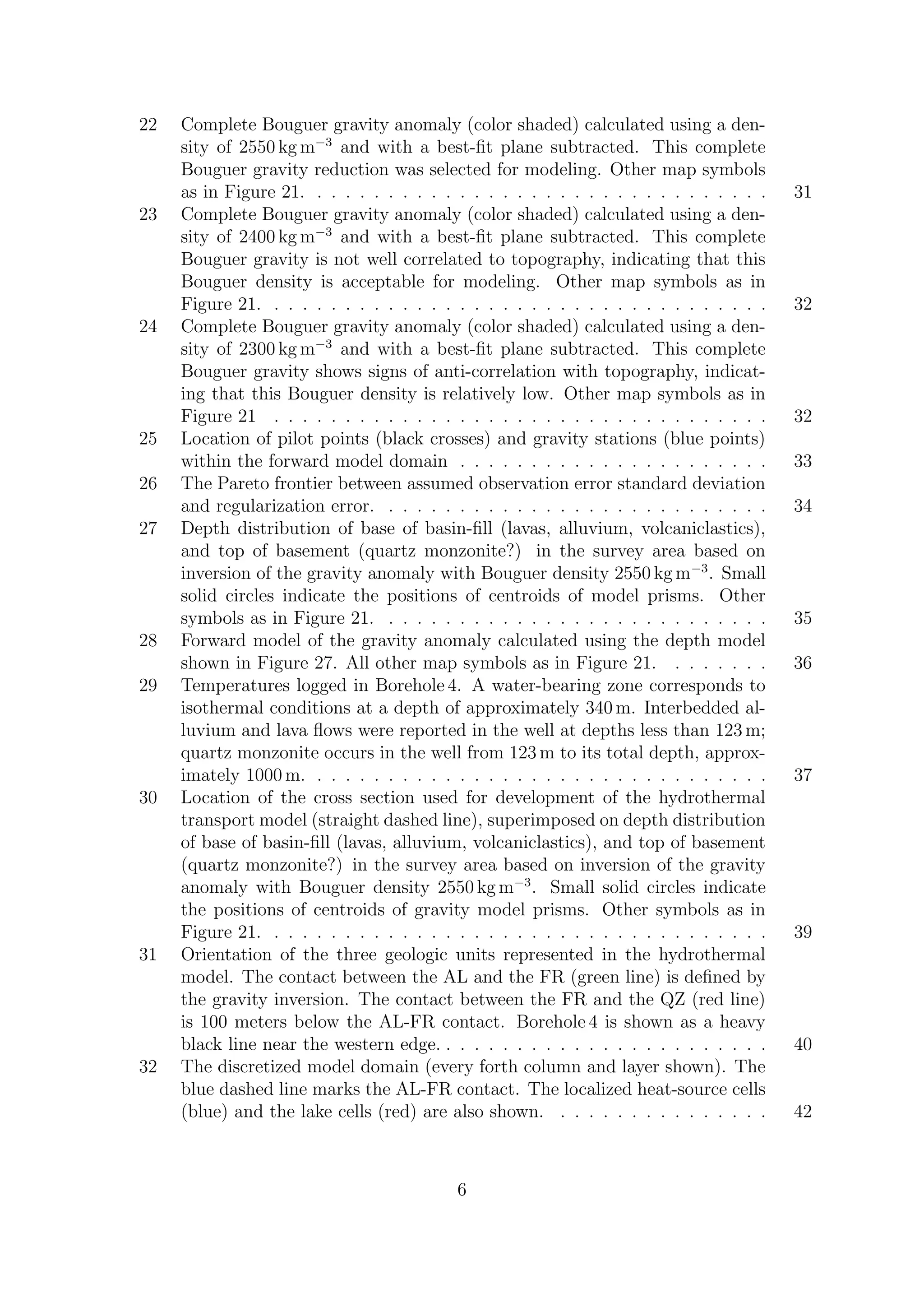 22 Complete Bouguer gravity anomaly (color shaded) calculated using a den-
sity of 2550 kg m−3
and with a best-fit plane subtracted. This complete
Bouguer gravity reduction was selected for modeling. Other map symbols
as in Figure 21. . . . . . . . . . . . . . . . . . . . . . . . . . . . . . . . . 31
23 Complete Bouguer gravity anomaly (color shaded) calculated using a den-
sity of 2400 kg m−3
and with a best-fit plane subtracted. This complete
Bouguer gravity is not well correlated to topography, indicating that this
Bouguer density is acceptable for modeling. Other map symbols as in
Figure 21. . . . . . . . . . . . . . . . . . . . . . . . . . . . . . . . . . . . 32
24 Complete Bouguer gravity anomaly (color shaded) calculated using a den-
sity of 2300 kg m−3
and with a best-fit plane subtracted. This complete
Bouguer gravity shows signs of anti-correlation with topography, indicat-
ing that this Bouguer density is relatively low. Other map symbols as in
Figure 21 . . . . . . . . . . . . . . . . . . . . . . . . . . . . . . . . . . . 32
25 Location of pilot points (black crosses) and gravity stations (blue points)
within the forward model domain . . . . . . . . . . . . . . . . . . . . . . 33
26 The Pareto frontier between assumed observation error standard deviation
and regularization error. . . . . . . . . . . . . . . . . . . . . . . . . . . . 34
27 Depth distribution of base of basin-fill (lavas, alluvium, volcaniclastics),
and top of basement (quartz monzonite?) in the survey area based on
inversion of the gravity anomaly with Bouguer density 2550 kg m−3
. Small
solid circles indicate the positions of centroids of model prisms. Other
symbols as in Figure 21. . . . . . . . . . . . . . . . . . . . . . . . . . . . 35
28 Forward model of the gravity anomaly calculated using the depth model
shown in Figure 27. All other map symbols as in Figure 21. . . . . . . . 36
29 Temperatures logged in Borehole 4. A water-bearing zone corresponds to
isothermal conditions at a depth of approximately 340 m. Interbedded al-
luvium and lava flows were reported in the well at depths less than 123 m;
quartz monzonite occurs in the well from 123 m to its total depth, approx-
imately 1000 m. . . . . . . . . . . . . . . . . . . . . . . . . . . . . . . . . 37
30 Location of the cross section used for development of the hydrothermal
transport model (straight dashed line), superimposed on depth distribution
of base of basin-fill (lavas, alluvium, volcaniclastics), and top of basement
(quartz monzonite?) in the survey area based on inversion of the gravity
anomaly with Bouguer density 2550 kg m−3
. Small solid circles indicate
the positions of centroids of gravity model prisms. Other symbols as in
Figure 21. . . . . . . . . . . . . . . . . . . . . . . . . . . . . . . . . . . . 39
31 Orientation of the three geologic units represented in the hydrothermal
model. The contact between the AL and the FR (green line) is defined by
the gravity inversion. The contact between the FR and the QZ (red line)
is 100 meters below the AL-FR contact. Borehole 4 is shown as a heavy
black line near the western edge. . . . . . . . . . . . . . . . . . . . . . . . 40
32 The discretized model domain (every forth column and layer shown). The
blue dashed line marks the AL-FR contact. The localized heat-source cells
(blue) and the lake cells (red) are also shown. . . . . . . . . . . . . . . . 42
6
 