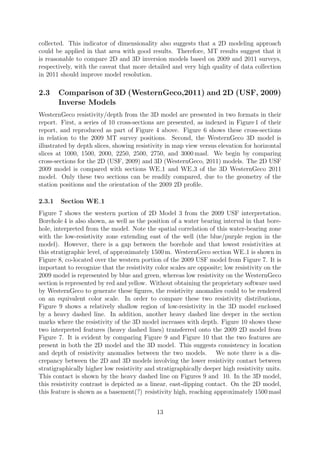 collected. This indicator of dimensionality also suggests that a 2D modeling approach
could be applied in that area with good results. Therefore, MT results suggest that it
is reasonable to compare 2D and 3D inversion models based on 2009 and 2011 surveys,
respectively, with the caveat that more detailed and very high quality of data collection
in 2011 should improve model resolution.
2.3 Comparison of 3D (WesternGeco,2011) and 2D (USF, 2009)
Inverse Models
WesternGeco resistivity/depth from the 3D model are presented in two formats in their
report. First, a series of 10 cross-sections are presented, as indexed in Figure 1 of their
report, and reproduced as part of Figure 4 above. Figure 6 shows these cross-sections
in relation to the 2009 MT survey positions. Second, the WesternGeco 3D model is
illustrated by depth slices, showing resistivity in map view versus elevation for horizontal
slices at 1000, 1500, 2000, 2250, 2500, 2750, and 3000 masl. We begin by comparing
cross-sections for the 2D (USF, 2009) and 3D (WesternGeco, 2011) models. The 2D USF
2009 model is compared with sections WE 1 and WE 3 of the 3D WesternGeco 2011
model. Only these two sections can be readily compared, due to the geometry of the
station positions and the orientation of the 2009 2D profile.
2.3.1 Section WE 1
Figure 7 shows the western portion of 2D Model 3 from the 2009 USF interpretation.
Borehole 4 is also shown, as well as the position of a water bearing interval in that bore-
hole, interpreted from the model. Note the spatial correlation of this water-bearing zone
with the low-resistivity zone extending east of the well (the blue/purple region in the
model). However, there is a gap between the borehole and that lowest resistivities at
this stratigraphic level, of approximately 1500 m. WesternGeco section WE 1 is shown in
Figure 8, co-located over the western portion of the 2009 USF model from Figure 7. It is
important to recognize that the resistivity color scales are opposite; low resistivity on the
2009 model is represented by blue and green, whereas low resistivity on the WesternGeco
section is represented by red and yellow. Without obtaining the proprietary software used
by WesternGeco to generate these figures, the resistivity anomalies could to be rendered
on an equivalent color scale. In order to compare these two resistivity distributions,
Figure 9 shows a relatively shallow region of low-resistivity in the 3D model enclosed
by a heavy dashed line. In addition, another heavy dashed line deeper in the section
marks where the resistivity of the 3D model increases with depth. Figure 10 shows these
two interpreted features (heavy dashed lines) transferred onto the 2009 2D model from
Figure 7. It is evident by comparing Figure 9 and Figure 10 that the two features are
present in both the 2D model and the 3D model. This suggests consistency in location
and depth of resistivity anomalies between the two models. We note there is a dis-
crepancy between the 2D and 3D models involving the lower resistivity contact between
stratigraphically higher low resistivity and stratigraphically deeper high resistivity units.
This contact is shown by the heavy dashed line on Figures 9 and 10. In the 3D model,
this resistivity contrast is depicted as a linear, east-dipping contact. On the 2D model,
this feature is shown as a basement(?) resistivity high, reaching approximately 1500 masl
13
 