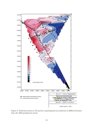 Figure 5: Induction arrows at 10 s period, superimposed on resistivity at 2000 m elevation
from the 2004 geophysical survey.
14
 