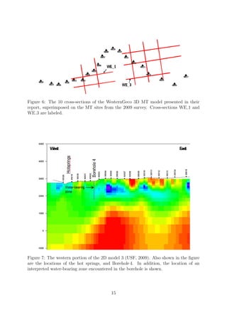 Figure 6: The 10 cross-sections of the WesternGeco 3D MT model presented in their
report, superimposed on the MT sites from the 2009 survey. Cross-sections WE 1 and
WE 3 are labeled.
Figure 7: The western portion of the 2D model 3 (USF, 2009). Also shown in the figure
are the locations of the hot springs, and Borehole 4. In addition, the location of an
interpreted water-bearing zone encountered in the borehole is shown.
15
 