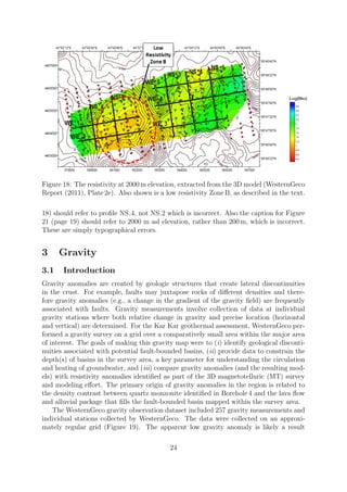 Figure 18: The resistivity at 2000 m elevation, extracted from the 3D model (WesternGeco
Report (2011), Plate 2e). Also shown is a low resistivity Zone B, as described in the text.
18) should refer to profile NS 4, not NS 2 which is incorrect. Also the caption for Figure
21 (page 19) should refer to 2000 m asl elevation, rather than 200 m, which is incorrect.
These are simply typographical errors.
3 Gravity
3.1 Introduction
Gravity anomalies are created by geologic structures that create lateral discontinuities
in the crust. For example, faults may juxtapose rocks of different densities and there-
fore gravity anomalies (e.g., a change in the gradient of the gravity field) are frequently
associated with faults. Gravity measurements involve collection of data at individual
gravity stations where both relative change in gravity and precise location (horizontal
and vertical) are determined. For the Kar Kar geothermal assessment, WesternGeco per-
formed a gravity survey on a grid over a comparatively small area within the major area
of interest. The goals of making this gravity map were to (i) identify geological disconti-
nuities associated with potential fault-bounded basins, (ii) provide data to constrain the
depth(s) of basins in the survey area, a key parameter for understanding the circulation
and heating of groundwater, and (iii) compare gravity anomalies (and the resulting mod-
els) with resistivity anomalies identified as part of the 3D magnetotelluric (MT) survey
and modeling effort. The primary origin of gravity anomalies in the region is related to
the density contrast between quartz monzonite identified in Borehole 4 and the lava flow
and alluvial package that fills the fault-bounded basin mapped within the survey area.
The WesternGeco gravity observation dataset included 257 gravity measurements and
individual stations collected by WesternGeco. The data were collected on an approxi-
mately regular grid (Figure 19). The apparent low gravity anomaly is likely a result
24
 