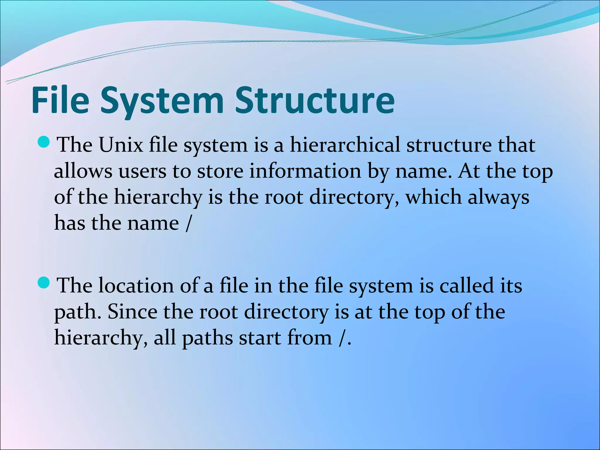 File System Structure
The Unix file system is a hierarchical structure that
  allows users to store information by name. At the top
  of the hierarchy is the root directory, which always
  has the name /

The location of a file in the file system is called its
  path. Since the root directory is at the top of the
  hierarchy, all paths start from /.
 