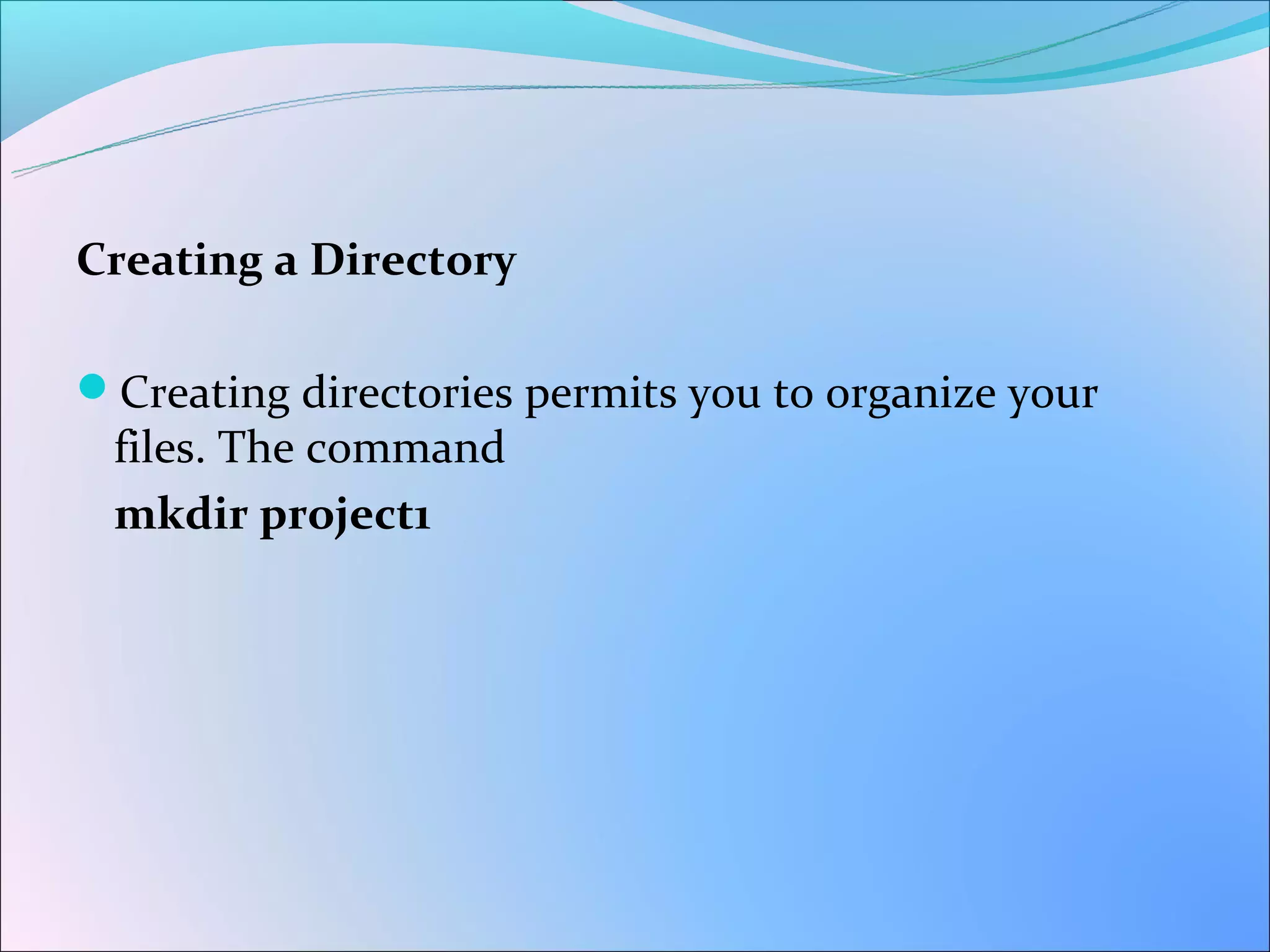 Creating a Directory

Creating directories permits you to organize your
 files. The command
 mkdir project1
 