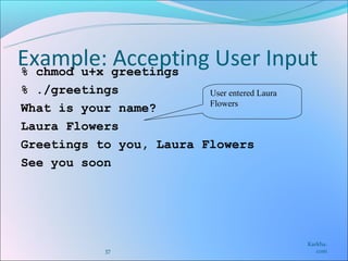 Example: greetings User Input
% chmod u+x
            Accepting
% ./greetings            User entered Laura
                         Flowers
What is your name?
Laura Flowers
Greetings to you, Laura Flowers
See you soon




                                              Karkha.
              37                                 com
 