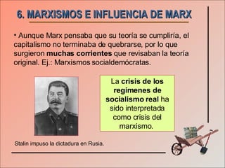 6. MARXISMOS E INFLUENCIA DE MARX Aunque Marx pensaba que su teoría se cumpliría, el capitalismo no terminaba de quebrarse, por lo que surgieron  muchas corrientes  que revisaban la teoría original. Ej.: Marxismos socialdemócratas. La  crisis de los regímenes de socialismo real  ha sido interpretada como crisis del marxismo.  Stalin impuso la dictadura en Rusia. 