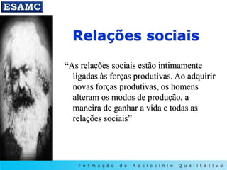 Relações sociais
“As relações sociais estão intimamente
ligadas às forças produtivas. Ao adquirir
novas forças produtivas, os homens
alteram os modos de produção, a
maneira de ganhar a vida e todas as
relações sociais”
 