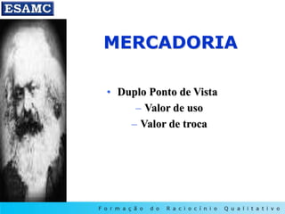 MERCADORIA
• Duplo Ponto de Vista
– Valor de uso
– Valor de troca
 