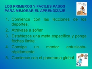 LOS PRIMEROS Y FACILES PASOS PARA MEJORAR EL APRENDIZAJE Comience con las lecciones de los deportes. Atrévase a soñar Establezca una meta específica y ponga fechas límite. Consiga un mentor entusiasta- rápidamente Comience con el panorama global 