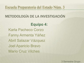 Escuela Preparatoria del Estado Núm. 3

METODOLOGÍA DE LA INVESTIGACIÓN

                Equipo 4:
  Karla Pacheco Corzo
  Fanny Armenta Yáñez
  Abril Salazar Vázquez
  Joel Aparicio Bravo
  Mario Cruz Vilches

                                   3 Semestre Grupo
 