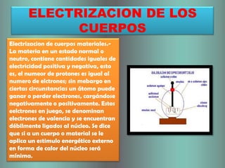 ELECTRIZACION DE LOS CUERPOSElectrizacion de cuerpos materiales.-La materia en un estado normal o neutro, contiene cantidades iguales de electricidad positiva y negativa, esto es, el numeor de protones es igual al numero de elctrones; sin mebargo en ciertas circunstancias un átomo puede ganar o perder electrones, cargándose negativamente o positivamente. Estos eelctrones en juego, se denominan electrones de valencia y se encuentran débilmente ligados al núcleo. Se dice que si a un cuerpo o material se le aplica un estimulo energético externo en forma de calor del núcleo será mínima. 