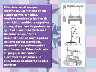 Electrizacion de cuerpos materiales.-La materia en un estado normal o neutro, contiene cantidades iguales de electricidad positiva y negativa, esto es, el numero de protones es igual al numero de electrones; sin embargo en ciertas circunstancias un átomo puede ganar o perder electrones, cargandose negativamente o positivamente. Estos electrones en juego, se denominan electrones de valencia y se encuentran débilmente ligados al núcleo. 