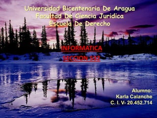 Universidad Bicentenaria De Aragua
Facultad De Ciencia Juridica
Escuela De Derecho
INFORMATICA
SECCION 532
Alumno:
Karla Calanche
C. I. V- 20.452.714
 