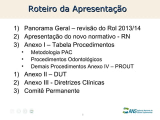 Roteiro da Apresentação
1) Panorama Geral – revisão do Rol 2013/14
2) Apresentação do novo normativo - RN
3) Anexo I – Tabela Procedimentos
•
•
•

Metodologia PAC
Procedimentos Odontológicos
Demais Procedimentos Anexo IV – PROUT

1) Anexo II – DUT
2) Anexo III - Diretrizes Clínicas
3) Comitê Permanente

3

 