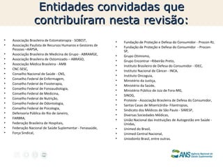 Entidades convidadas que
contribuíram nesta revisão:
•
•
•
•
•
•
•
•
•
•
•
•
•
•
•
•
•
•
•

Associação Brasileira de Estomaterapia - SOBEST,
Associação Paulista de Recursos Humanos e Gestores de
Pessoas –AAPSA,
Associação Brasileira de Medicina de Grupo - ABRAMGE,
Associação Brasileira de Ostomizado – ABRASO,
Associação Médica Brasileira - AMB
CNC-SESC,
Conselho Nacional de Saúde - CNS,
Conselho Federal de Enfermagem,
Conselho Federal de Fisioterapia,
Conselho Federal de Fonoaudiologia,
Conselho Federal de Medicina,
Conselho Federal de Nutrição,
Conselho Federal de Odontologia,
Conselho Federal de Psicologia,
Defensoria Pública do Rio de Janeiro,
FARBRA,
Federação Brasileira de Hospitais,
Federação Nacional de Saúde Suplementar - Fenasaúde,
Força Sindical,

•
•
•
•
•
•
•
•
•
•
•
•
•
•
•
•
•
•
•

Fundação de Proteção e Defesa do Consumidor - Procon-RJ,
Fundação de Proteção e Defesa do Consumidor - ProconSP,
Grupo Otimismo,
Grupo Encontrar –Ribeirão Preto,
Instituto Brasileiro de Defesa do Consumidor - IDEC,
Instituto Nacional de Câncer - INCA,
Instituto Oncoguia,
Ministério da Justiça,
Ministério da Saúde,
Ministério Público de Juiz de Fora-MG,
SINOG,
Proteste - Associação Brasileira de Defesa do Consumidor,
Santas Casas de Misericórdia- Filantropias,
Sindicato dos Médicos de São Paulo - SIMESP,
Diversas Sociedades Médicas,
União Nacional das Instituições de Autogestão em Saúde Unidas,
Unimed do Brasil,
Unimed Central Nacional,
Uniodonto Brasil, entre outras.

 