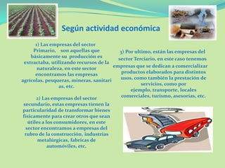 Según actividad económica
1) Las empresas del sector
Primario, son aquellas que
básicamente su producción es
extractaba, utilizando recursos de la
naturaleza, en este sector
encontramos las empresas
agrícolas, pesqueras, mineras, sanitari
as, etc.
2) Las empresas del sector
secundario, estas empresas tienen la
particularidad de transformar bienes
físicamente para crear otros que sean
útiles a los consumidores, en este
sector encontramos a empresas del
rubro de la construcción, industrias
metalúrgicas, fabricas de
automóviles, etc.
3) Por ultimo, están las empresas del
sector Terciario, en este caso tenemos
empresas que se dedican a comercializar
productos elaborados para distintos
usos, como también la prestación de
servicios, como por
ejemplo, transporte, locales
comerciales, turismo, asesorías, etc.
 