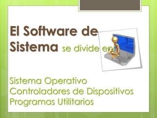 El Software de 
Sistema se divide en: 
Sistema Operativo 
Controladores de Dispositivos 
Programas Utilitarios 
 