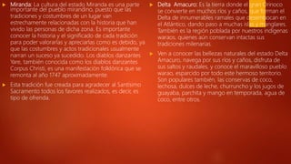  Miranda: La cultura del estado Miranda es una parte
importante del pueblo mirandino, puesto que las
tradiciones y costumbres de un lugar van
estrechamente relacionadas con la historia que han
vivido las personas de dicha zona. Es importante
conocer la historia y el significado de cada tradición
para poder valorarlas y apreciarlas como es debido, ya
que las costumbres y actos tradicionales usualmente
narran un suceso ya sucedido. Los diablos danzantes
Yare, también conocida como los diablos danzantes
Corpus Christi, es una manifestación folklórica que se
remonta al año 1747 aproximadamente.
 Esta tradición fue creada para agradecer al Santísimo
Sacramento todos los favores realizados, es decir, es
tipo de ofrenda.
 Delta Amacuro: Es la tierra donde el gran Orinoco
se convierte en muchos ríos y caños, que forman el
Delta de innumerables ramales que desembocan en
el Atlántico, dando paso a muchas islas y manglares.
También es la región poblada por nuestros indígenas
waraos, quienes aún conservan intactas sus
tradiciones milenarias.
 Ven a conocer las bellezas naturales del estado Delta
Amacuro, navega por sus ríos y caños, disfruta de
sus saltos y raudales, y conoce el maravilloso pueblo
warao, esparcido por todo este hermoso territorio.
Son populares también, las conservas de coco,
lechosa, dulces de leche, churruncho y los jugos de
guayaba, parchita y mango en temporada, agua de
coco, entre otros.
 