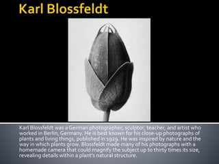 Karl Blossfeldt was a German photographer, sculptor, teacher, and artist who
worked in Berlin, Germany. He is best known for his close-up photographs of
plants and living things, published in 1929. He was inspired by nature and the
way in which plants grow. Blossfeldt made many of his photographs with a
homemade camera that could magnify the subject up to thirty times its size,
revealing details within a plant's natural structure.
 