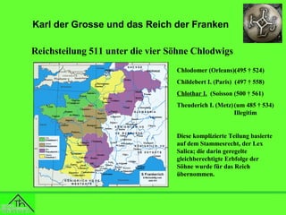 Karl der Grosse und das Reich der Franken
Reichsteilung 511 unter die vier Söhne Chlodwigs
Chlodomer (Orleans)(495 † 524)
Childebert I. (Paris) (497 † 558)
Chlothar I. (Soisson (500 † 561)
Theuderich I. (Metz) (um 485 † 534)
Illegitim

Diese komplizierte Teilung basierte
auf dem Stammesrecht, der Lex
Salica; die darin geregelte
gleichberechtigte Erbfolge der
Söhne wurde für das Reich
übernommen.

 
