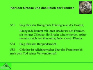 Karl der Grosse und das Reich der Franken

531

Sieg über das Königreich Thüringen an der Unstrut,
Radegunde kommt mit ihren Bruder zu den Franken,
sie heiratet Chlothar, ihr Bruder wird ermordet, später
trennt sie sich von ihm und gründet sie ein Kloster

534

Sieg über das Burgunderreich

558
Chlothar ist Alleinherrscher über das Frankenreich
nach dem Tod seiner Verwandtschaft

 