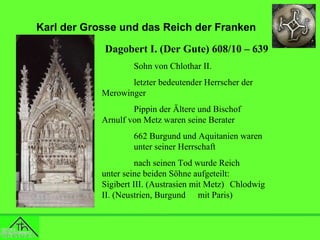 Karl der Grosse und das Reich der Franken
Dagobert I. (Der Gute) 608/10 – 639
Sohn von Chlothar II.
letzter bedeutender Herrscher der
Merowinger
Pippin der Ältere und Bischof
Arnulf von Metz waren seine Berater
662 Burgund und Aquitanien waren
unter seiner Herrschaft
nach seinen Tod wurde Reich
unter seine beiden Söhne aufgeteilt:
Sigibert III. (Austrasien mit Metz) Chlodwig
II. (Neustrien, Burgund mit Paris)

 