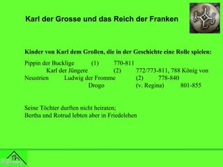 Karl der Grosse und das Reich der Franken

Kinder von Karl dem Großen, die in der Geschichte eine Rolle spielen:
Pippin der Bucklige
(1)
770-811
Karl der Jüngere
(2)
772/773-811, 788 König von
Neustrien
Ludwig der Fromme
(2)
778-840
Drogo
(v. Regina)
801-855

Seine Töchter durften nicht heiraten;
Bertha und Rotrud lebten aber in Friedelehen

 