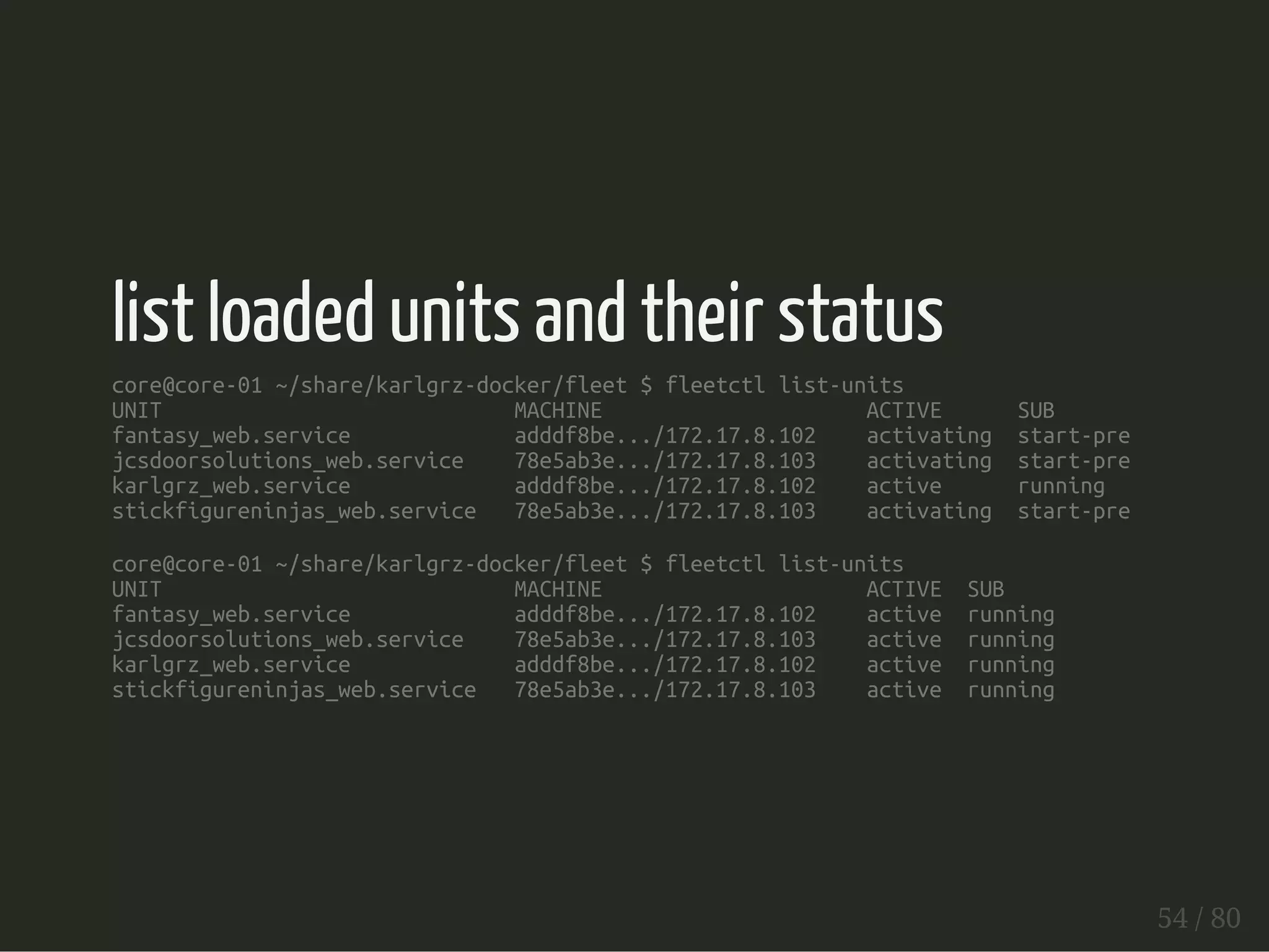 list loaded units and their status 
core@core-01 ~/share/karlgrz-docker/fleet $ fleetctl list-units 
UNIT MACHINE ACTIVE SUB 
fantasy_web.service adddf8be.../172.17.8.102 activating start-pre 
jcsdoorsolutions_web.service 78e5ab3e.../172.17.8.103 activating start-pre 
karlgrz_web.service adddf8be.../172.17.8.102 active running 
stickfigureninjas_web.service 78e5ab3e.../172.17.8.103 activating start-pre 
core@core-01 ~/share/karlgrz-docker/fleet $ fleetctl list-units 
UNIT MACHINE ACTIVE SUB 
fantasy_web.service adddf8be.../172.17.8.102 active running 
jcsdoorsolutions_web.service 78e5ab3e.../172.17.8.103 active running 
karlgrz_web.service adddf8be.../172.17.8.102 active running 
stickfigureninjas_web.service 78e5ab3e.../172.17.8.103 active running 
54 / 80 
 