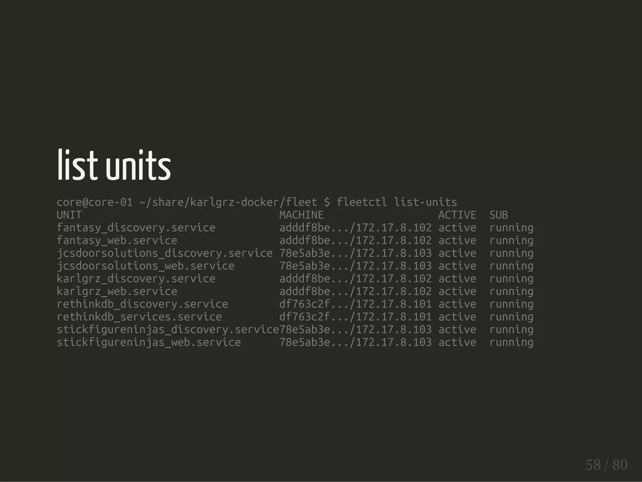 list units 
core@core-01 ~/share/karlgrz-docker/fleet $ fleetctl list-units 
UNIT MACHINE ACTIVE SUB 
fantasy_discovery.service adddf8be.../172.17.8.102 active running 
fantasy_web.service adddf8be.../172.17.8.102 active running 
jcsdoorsolutions_discovery.service 78e5ab3e.../172.17.8.103 active running 
jcsdoorsolutions_web.service 78e5ab3e.../172.17.8.103 active running 
karlgrz_discovery.service adddf8be.../172.17.8.102 active running 
karlgrz_web.service adddf8be.../172.17.8.102 active running 
rethinkdb_discovery.service df763c2f.../172.17.8.101 active running 
rethinkdb_services.service df763c2f.../172.17.8.101 active running 
stickfigureninjas_discovery.service78e5ab3e.../172.17.8.103 active running 
stickfigureninjas_web.service 78e5ab3e.../172.17.8.103 active running 
58 / 80 
 