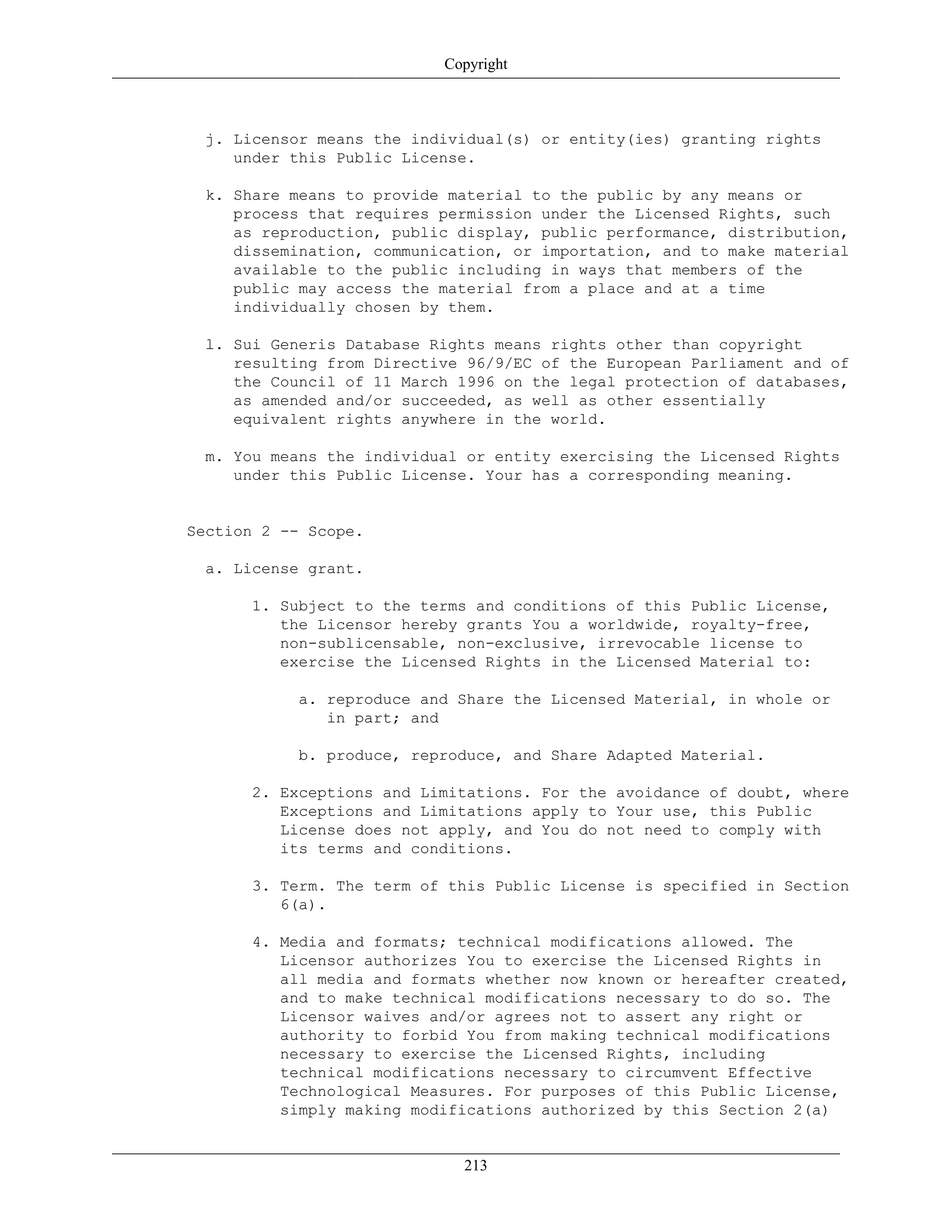 Copyright
j. Licensor means the individual(s) or entity(ies) granting rights
under this Public License.
k. Share means to provide material to the public by any means or
process that requires permission under the Licensed Rights, such
as reproduction, public display, public performance, distribution,
dissemination, communication, or importation, and to make material
available to the public including in ways that members of the
public may access the material from a place and at a time
individually chosen by them.
l. Sui Generis Database Rights means rights other than copyright
resulting from Directive 96/9/EC of the European Parliament and of
the Council of 11 March 1996 on the legal protection of databases,
as amended and/or succeeded, as well as other essentially
equivalent rights anywhere in the world.
m. You means the individual or entity exercising the Licensed Rights
under this Public License. Your has a corresponding meaning.
Section 2 -- Scope.
a. License grant.
1. Subject to the terms and conditions of this Public License,
the Licensor hereby grants You a worldwide, royalty-free,
non-sublicensable, non-exclusive, irrevocable license to
exercise the Licensed Rights in the Licensed Material to:
a. reproduce and Share the Licensed Material, in whole or
in part; and
b. produce, reproduce, and Share Adapted Material.
2. Exceptions and Limitations. For the avoidance of doubt, where
Exceptions and Limitations apply to Your use, this Public
License does not apply, and You do not need to comply with
its terms and conditions.
3. Term. The term of this Public License is specified in Section
6(a).
4. Media and formats; technical modifications allowed. The
Licensor authorizes You to exercise the Licensed Rights in
all media and formats whether now known or hereafter created,
and to make technical modifications necessary to do so. The
Licensor waives and/or agrees not to assert any right or
authority to forbid You from making technical modifications
necessary to exercise the Licensed Rights, including
technical modifications necessary to circumvent Effective
Technological Measures. For purposes of this Public License,
simply making modifications authorized by this Section 2(a)
213
 