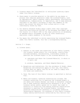 Copyright
j. Licensor means the individual(s) or entity(ies) granting rights
under this Public License.
k. Share means to provide material to the public by any means or
process that requires permission under the Licensed Rights, such
as reproduction, public display, public performance, distribution,
dissemination, communication, or importation, and to make material
available to the public including in ways that members of the
public may access the material from a place and at a time
individually chosen by them.
l. Sui Generis Database Rights means rights other than copyright
resulting from Directive 96/9/EC of the European Parliament and of
the Council of 11 March 1996 on the legal protection of databases,
as amended and/or succeeded, as well as other essentially
equivalent rights anywhere in the world.
m. You means the individual or entity exercising the Licensed Rights
under this Public License. Your has a corresponding meaning.
Section 2 -- Scope.
a. License grant.
1. Subject to the terms and conditions of this Public License,
the Licensor hereby grants You a worldwide, royalty-free,
non-sublicensable, non-exclusive, irrevocable license to
exercise the Licensed Rights in the Licensed Material to:
a. reproduce and Share the Licensed Material, in whole or
in part; and
b. produce, reproduce, and Share Adapted Material.
2. Exceptions and Limitations. For the avoidance of doubt, where
Exceptions and Limitations apply to Your use, this Public
License does not apply, and You do not need to comply with
its terms and conditions.
3. Term. The term of this Public License is specified in Section
6(a).
4. Media and formats; technical modifications allowed. The
Licensor authorizes You to exercise the Licensed Rights in
all media and formats whether now known or hereafter created,
and to make technical modifications necessary to do so. The
Licensor waives and/or agrees not to assert any right or
authority to forbid You from making technical modifications
necessary to exercise the Licensed Rights, including
technical modifications necessary to circumvent Effective
Technological Measures. For purposes of this Public License,
simply making modifications authorized by this Section 2(a)
213
 