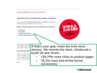 If that's your goal, make the links more 
obvious. We rewrote the tekst, introduced a 
bullet list and wham: 
• 159,79% more clicks to product pages 
• 76,3% more end-of-the-funnel 
conversions 
 