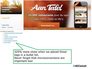 325% more clicks when we placed those 
tags in a bullet list. 
Never forget that microconversions are 
important too! 
 