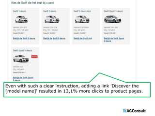 Even with such a clear instruction, adding a link 'Discover the 
[model name]' resulted in 13,1% more clicks to product pages. 
 