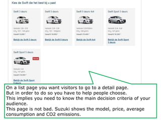 On a list page you want visitors to go to a detail page. 
But in order to do so you have to help people choose. 
This implies you need to know the main decision criteria of your 
audience. 
This page is not bad. Suzuki shows the model, price, average 
consumption and CO2 emissions. 
 